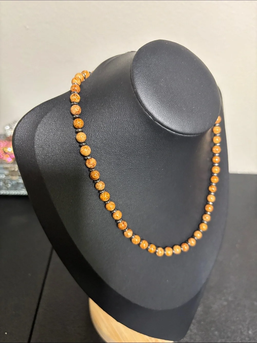 Handmade Stone Hematite Orange Bead Necklace & Stretch Bracelet Set Jewelry